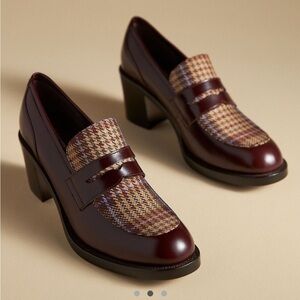 Jeffery Campbell Elegant Burgundy Heeled Loafers with Houndstooth Pattern 8.5